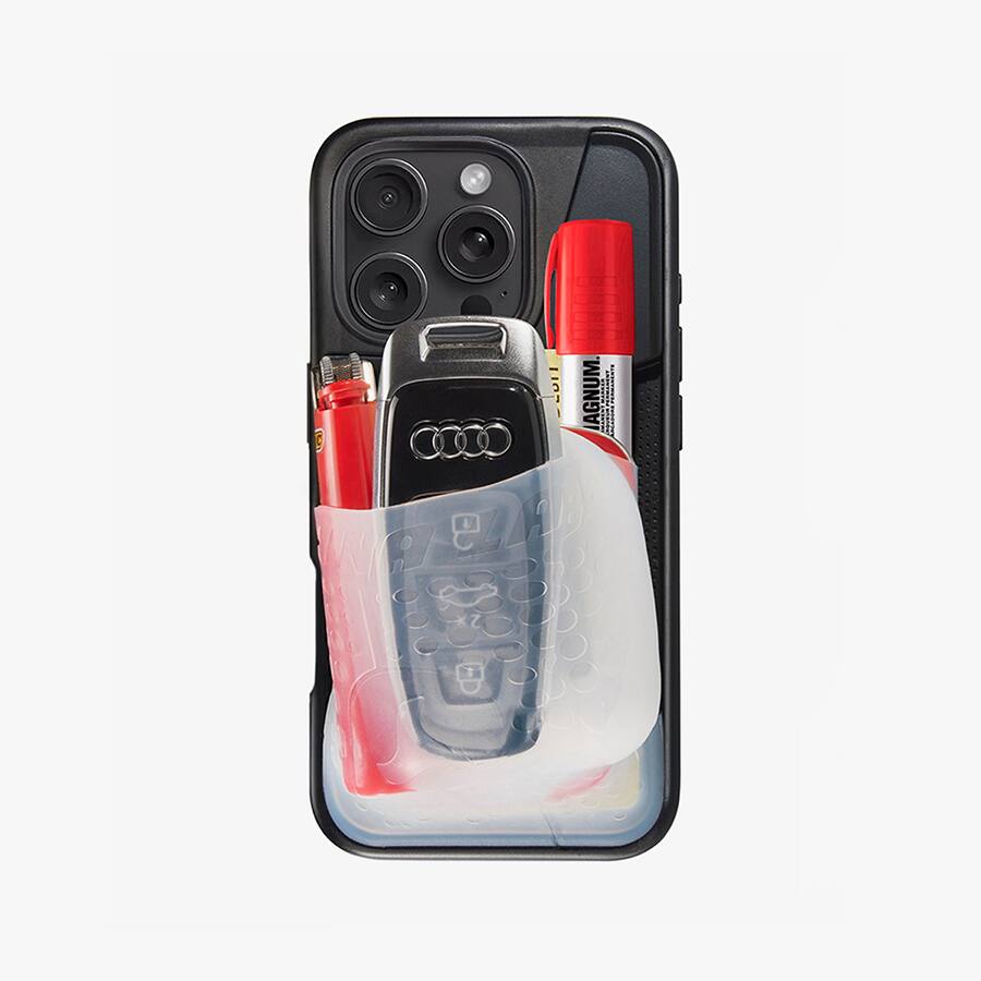 Left. Ninja Labs - Flex Pouch Phone Case (Stretches to Hold 30+ Cards, Airpods, Lip Balm, Car Key & Cash) iPhone 15 - Black/ Clear.