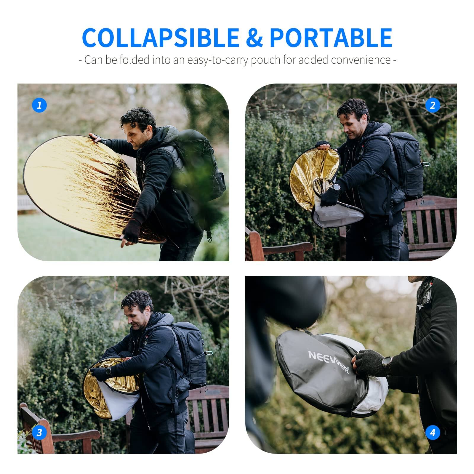 COLLAPSIBLE & PORTABLE  
- Can be folded into an easy-to-carry pouch for added convenience -  

1  
2  
3  
4