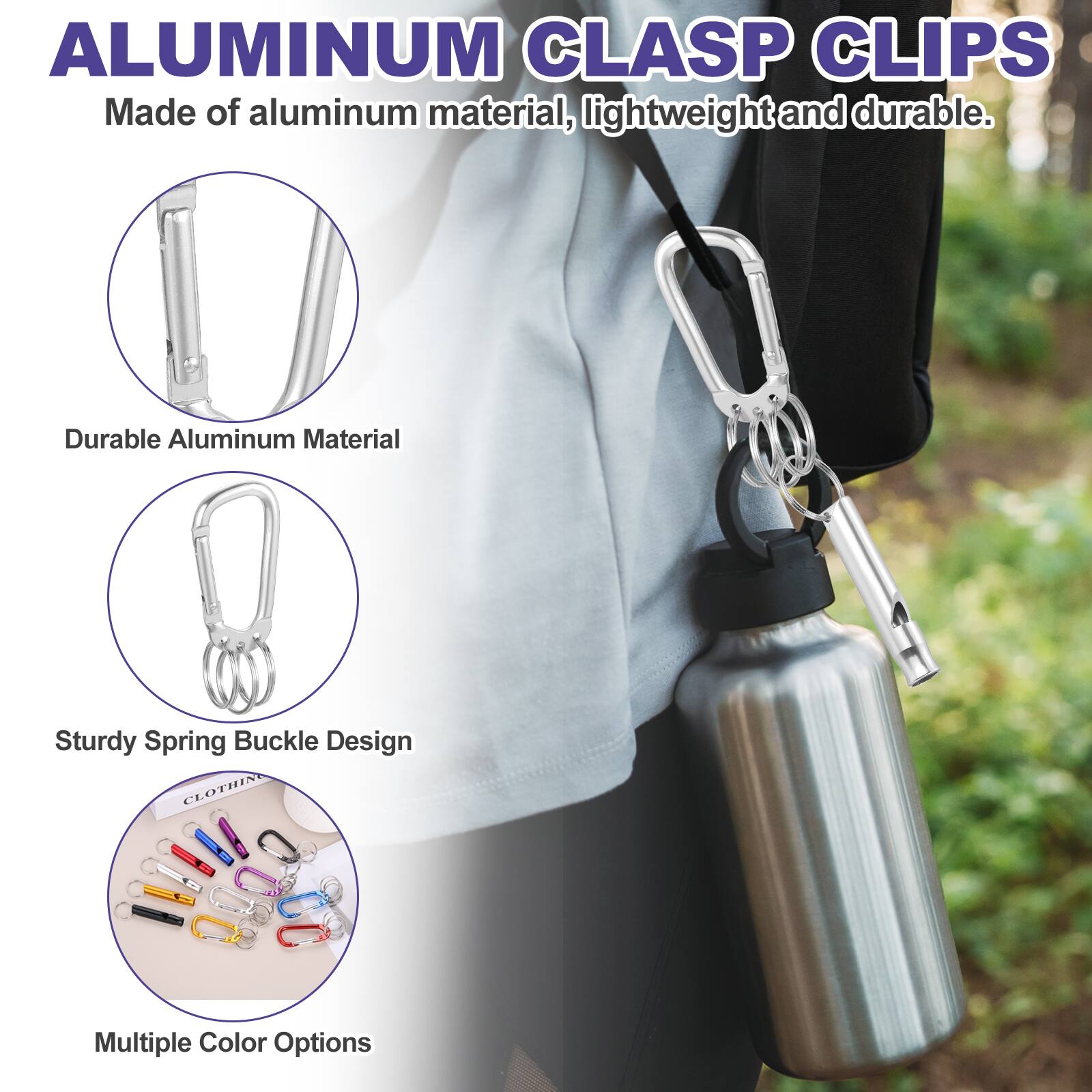 ALUMINUM CLASP CLIPS

Made of aluminum material, lightweight and durable.

- Durable Aluminum Material
- Sturdy Spring Buckle Design
- Multiple Color Options