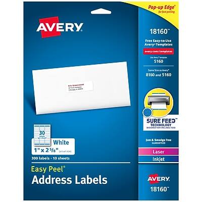 Avery - Easy Peel Laser/Inkjet Address Labels, 1" x 2-5/8", White, 300 Labels/Pack (18160) - Matte White