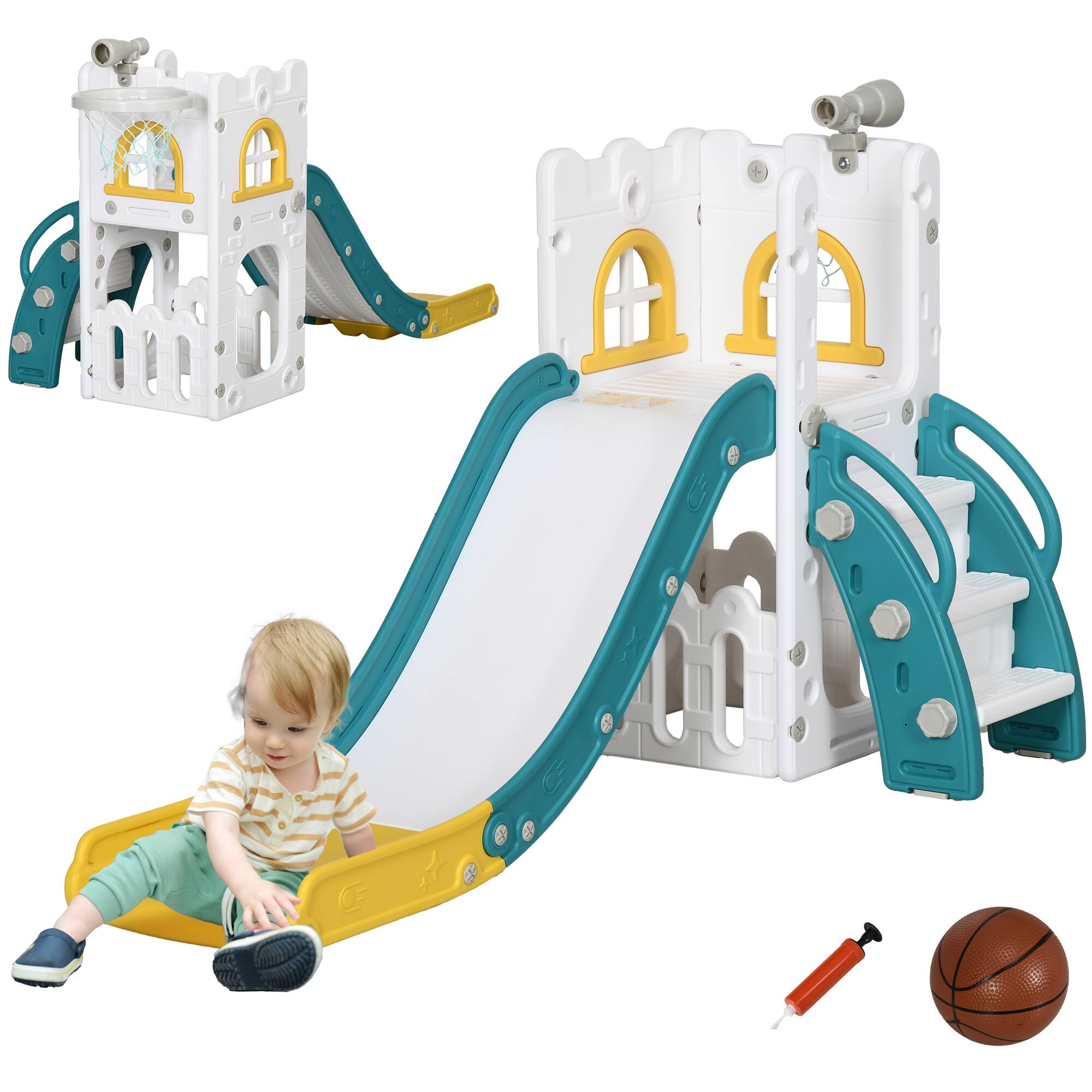 Qaba - 5 in 1 Toddler Slide, Indoor Kids Slide for 1-3 Years Old, Climber Freestanding Playset with Basketball Hoop, Telescope price history on PriceWatchPro