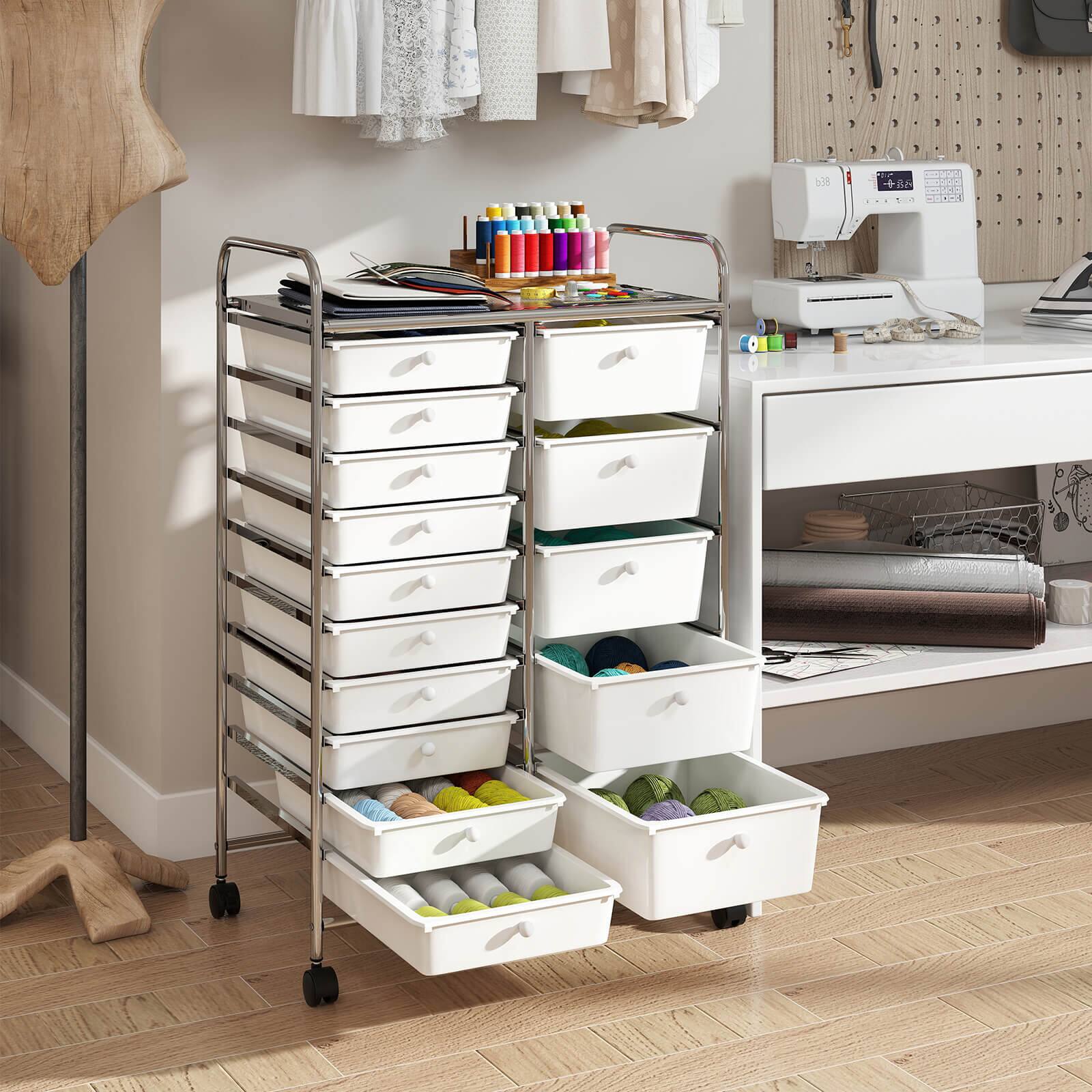 Alt View 3. Costway - Costway 15-Drawer Trolley with Chrome Plated Metal Frame & Lockable Universal Wheels - White.