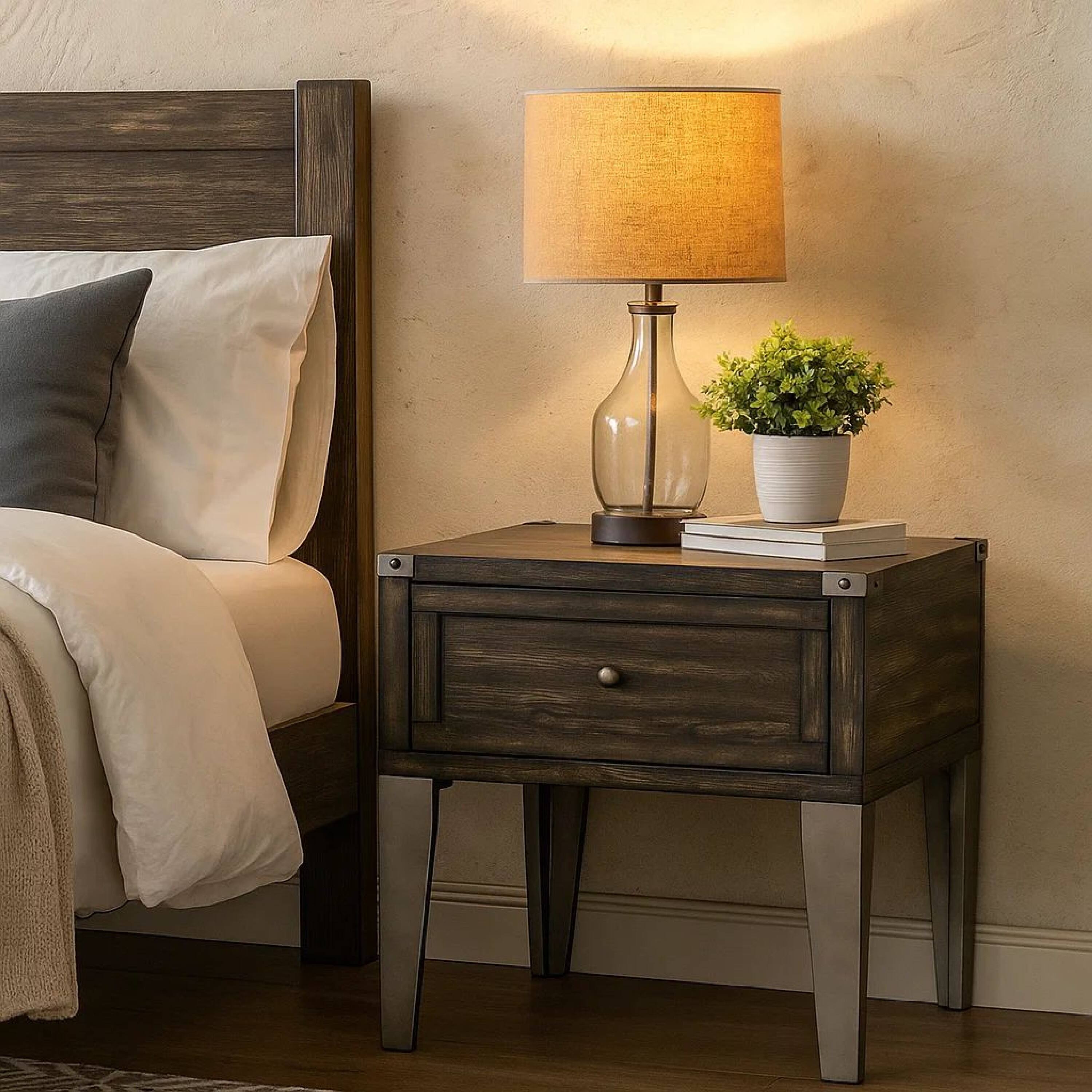 Alt View 5. Manhattan Lane - 1 Drawer Wooden End Table with Metal Angled Legs - Brown.