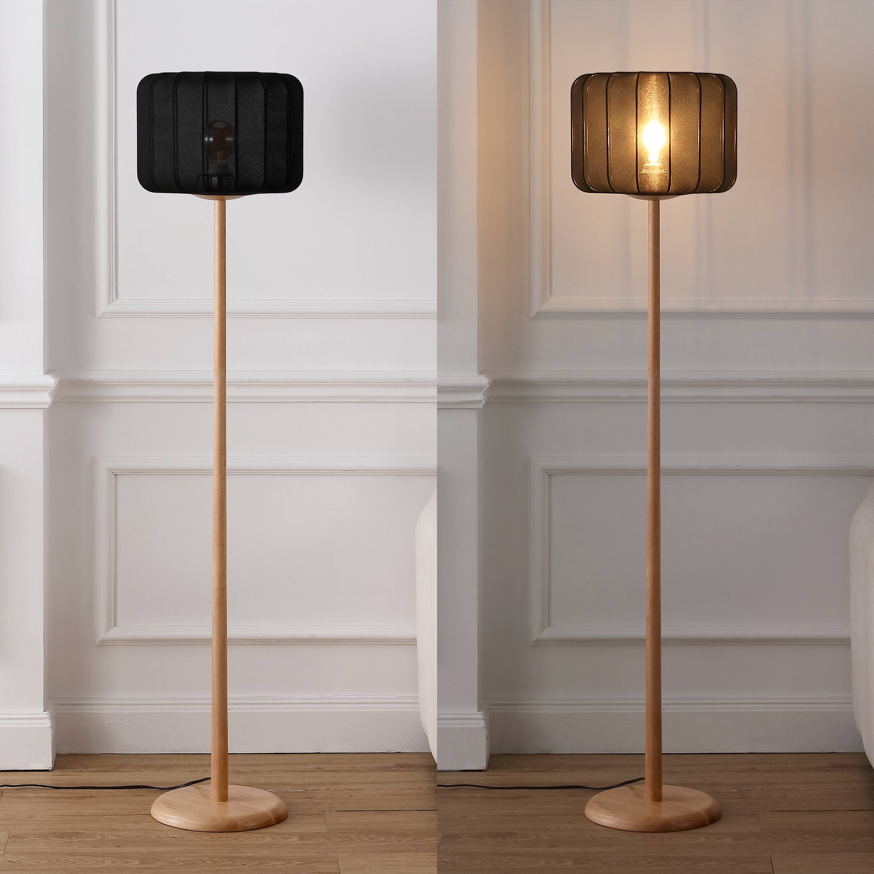 Alt View 3. Jonathan Y - Maryna 59.5 in. Minimalist Modern Teahouse Wood with Ribbed Cocoon Pumpkin Shade LED Floor Lamp, Black/Light Brown - Light Brown Wood.