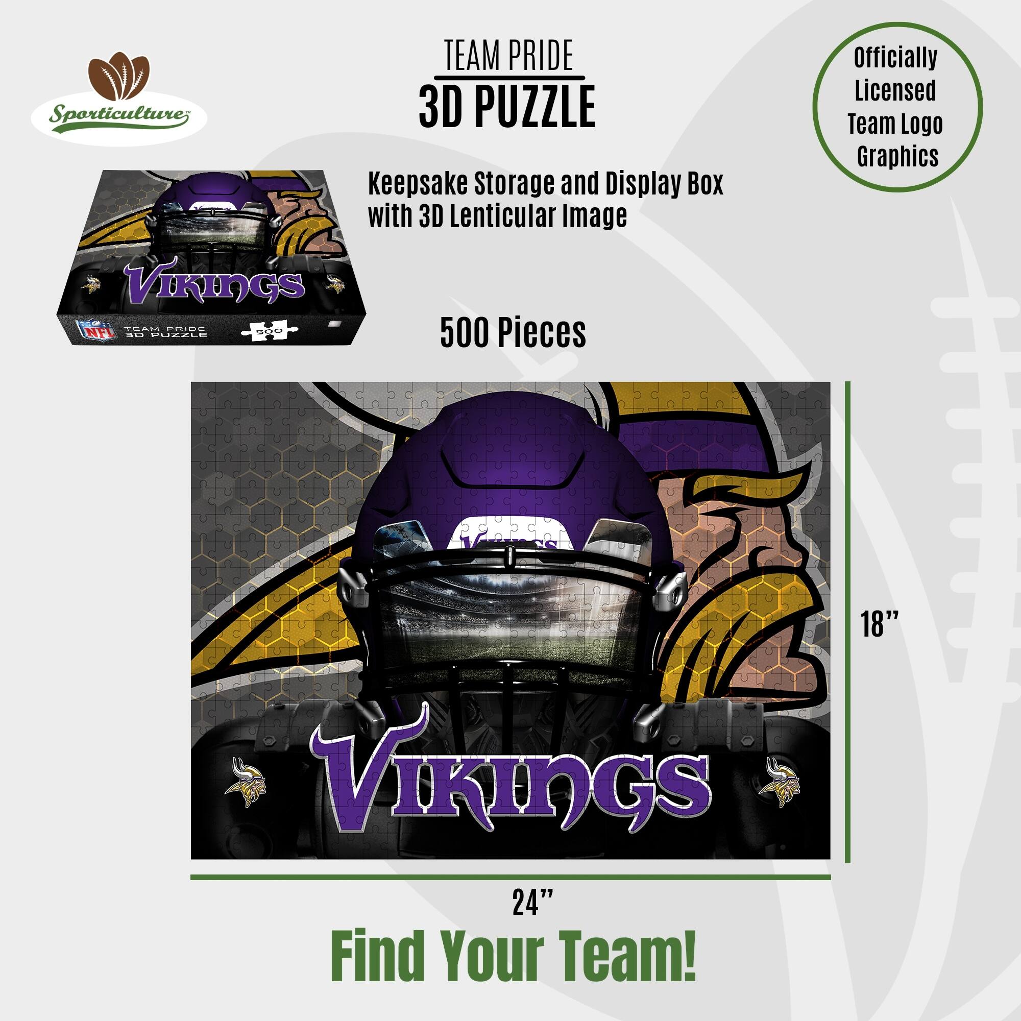 TEAM PRIDE Sporticulture; 3D PUZZLE Keepsake Storage and Display Box with 3D Lenticular Image VIKINGS TOod NFL Officially Licensed Team Logo Graphics VIKINGS 500 Pieces 24" x 18" Find Your Team!