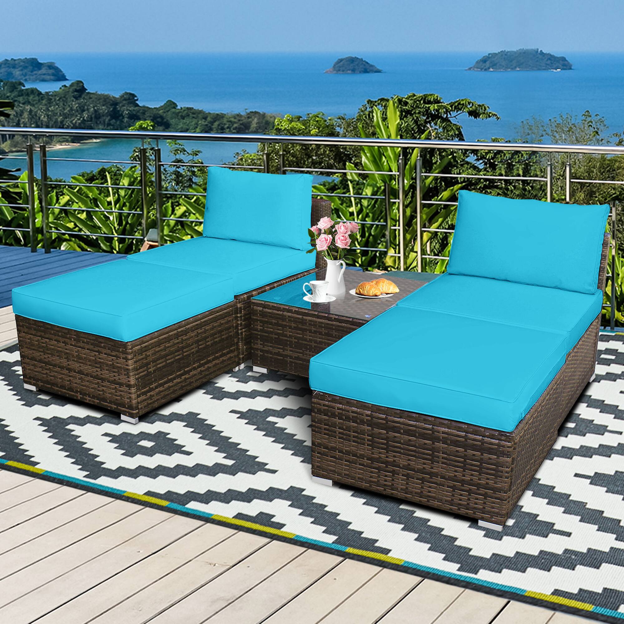 Gymax - 5PCS Outdoor Patio Furniture Set w/ Coffee Table Ottoman Turquoise Cushion - as pic price history on PriceWatchPro
