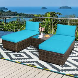 Gymax - 5PCS Outdoor Patio Furniture Set w/ Coffee Table Ottoman Turquoise Cushion - as pic