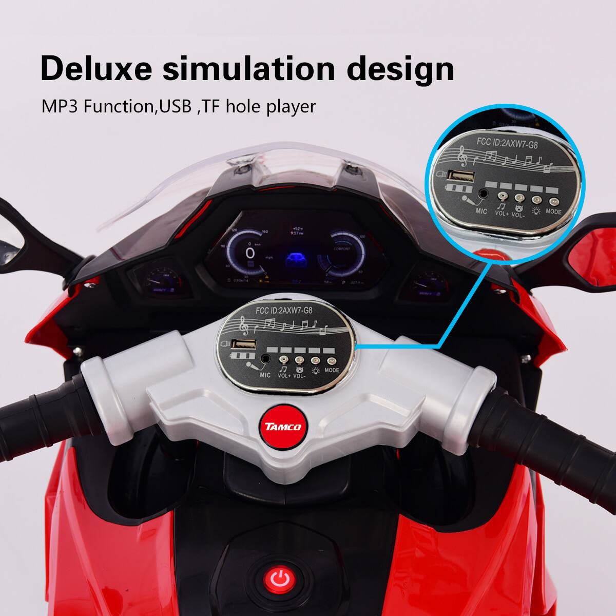 Deluxe simulation design  
MP3 Function, USB, TF hole player  

FCC ID: 2AXW7-G8  

MIC VOL- VOL+ MODE  

TAMCO