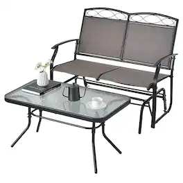 Gymax - 2 PCS Patio Glider Conversation Set Outdoor Loveseat Glider Chair w/ Tempered Glass Coffee Table - Brown, Black