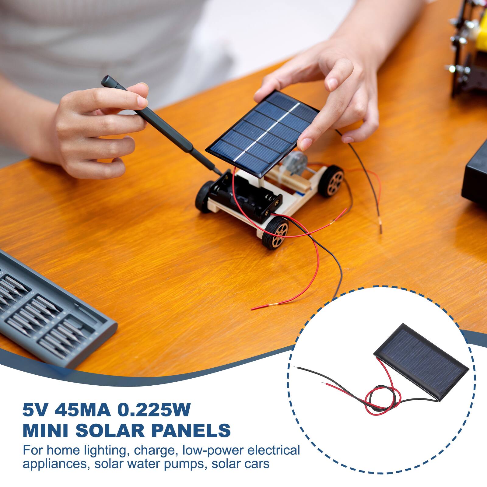 5V 45MA 0.225W MINI SOLAR PANELS

For home lighting, charge, low-power electrical appliances, solar water pumps, solar cars