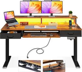 AODK - Standing Desk with Storage Drawers, Keyboard Tray, Power Outlets and LED Lights - Brown