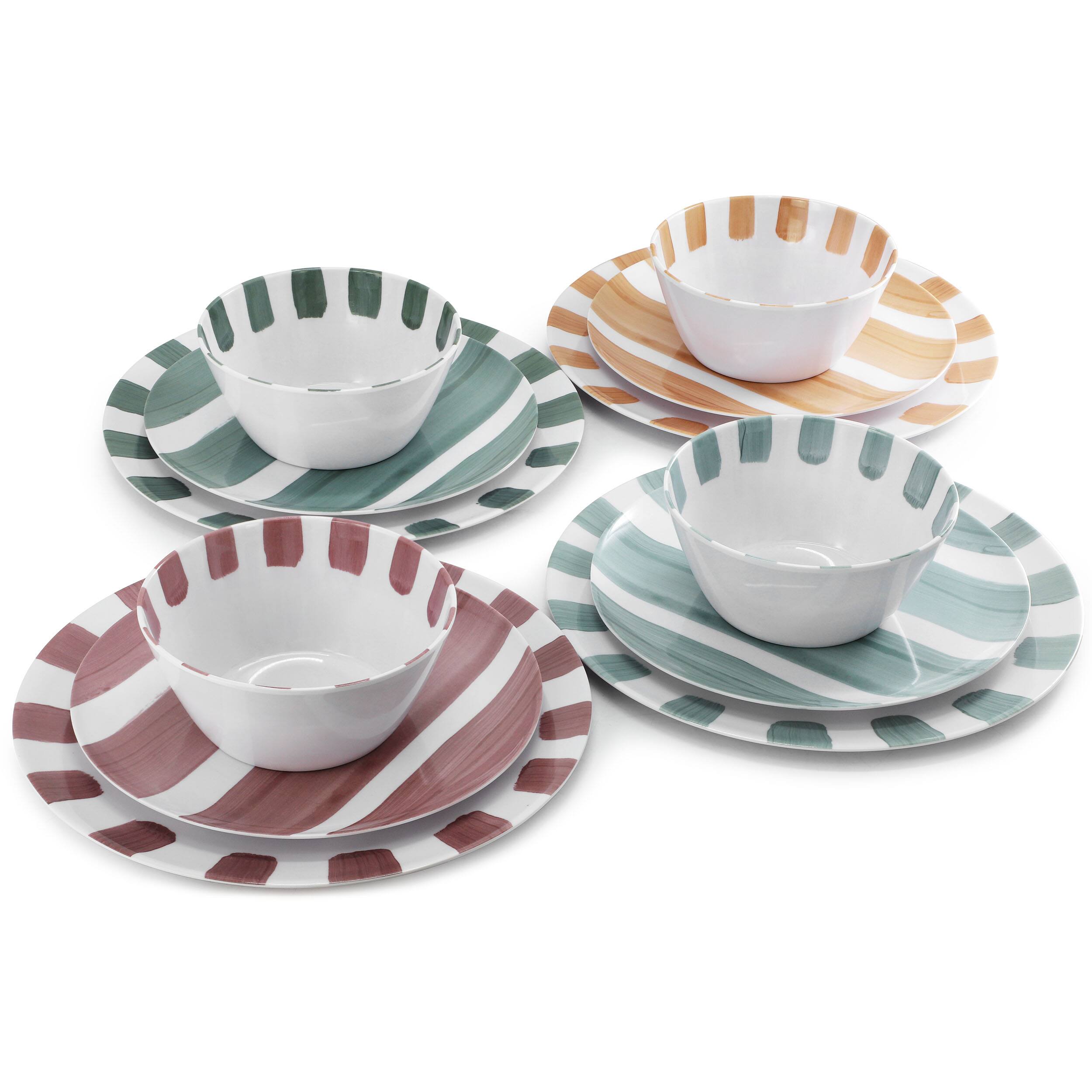Alt View 1. Gibson - Gibson Home Cottage Stripes 12 Piece Melamine Dinnerware Set in White and Multi - Multi.