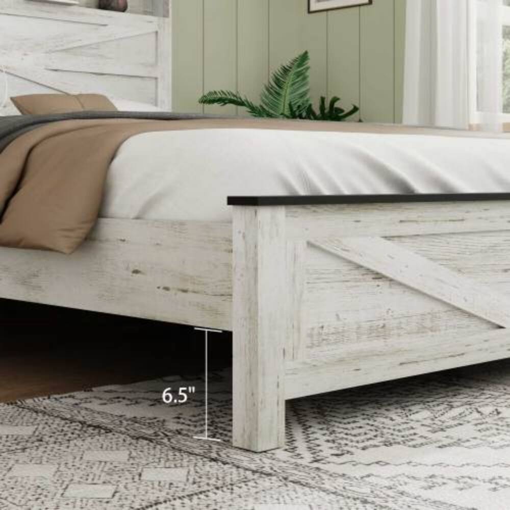 Back. LUCKY ONE - King Size Bed Frame with Wooden Headboard, Hidden Under-Bed Storage, USB Charging Station, No Box Spring Needed - Antique grey white.
