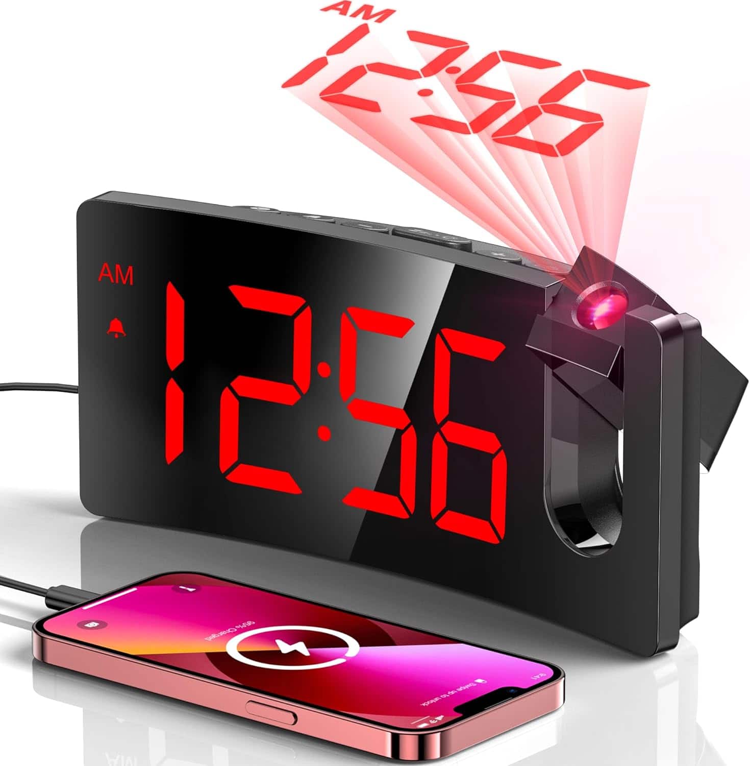 Stamp n Camp - GOLOZA Projection Alarm Clock, Digital Clock with Modern Curved Design 180° Rotatable Projector, 3-Level Brightness Red - Red Digit+red Projection