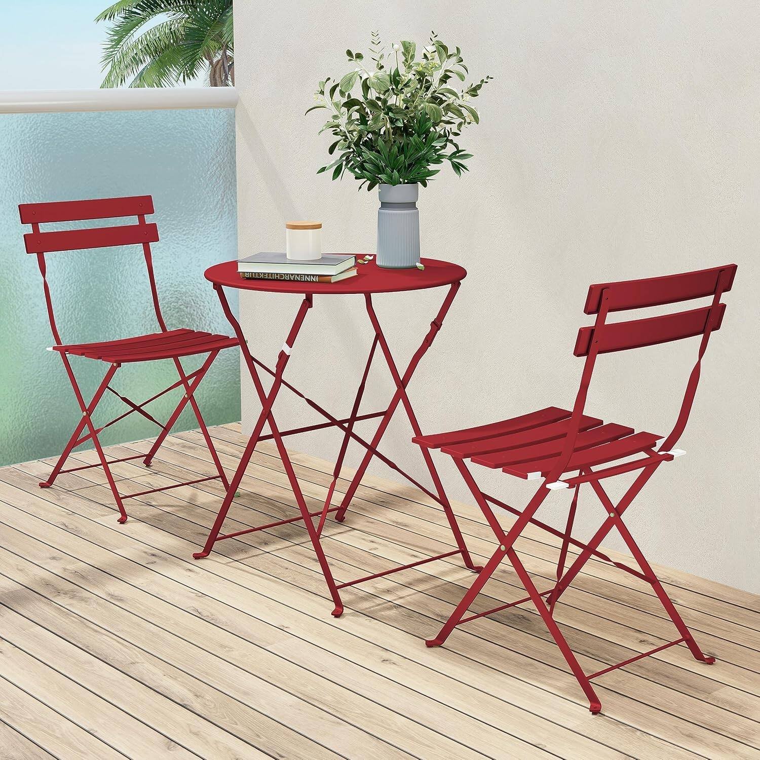 Left. Decksplore - 3 Piece Foldable Patio Set, Bistro Set, Outdoor Table and Chairs,Weather-Resistant Outdoor/Indoor - Red.
