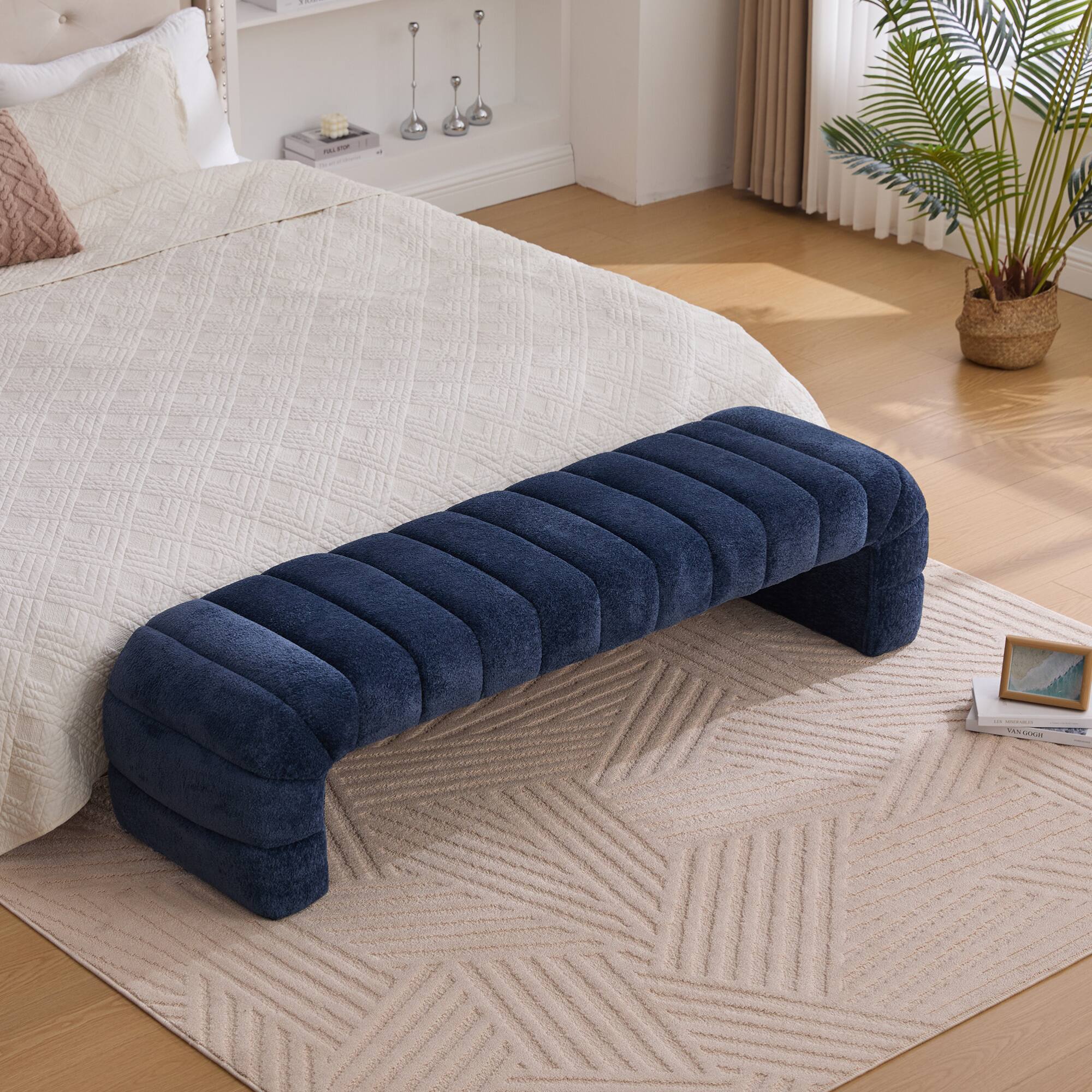 Angle. GOODSILO - Modern Upholstered Armless Bed Bench with Channel Tufted Design, Multi-Functional Chenille Ottoman Foot Stool - Navy.