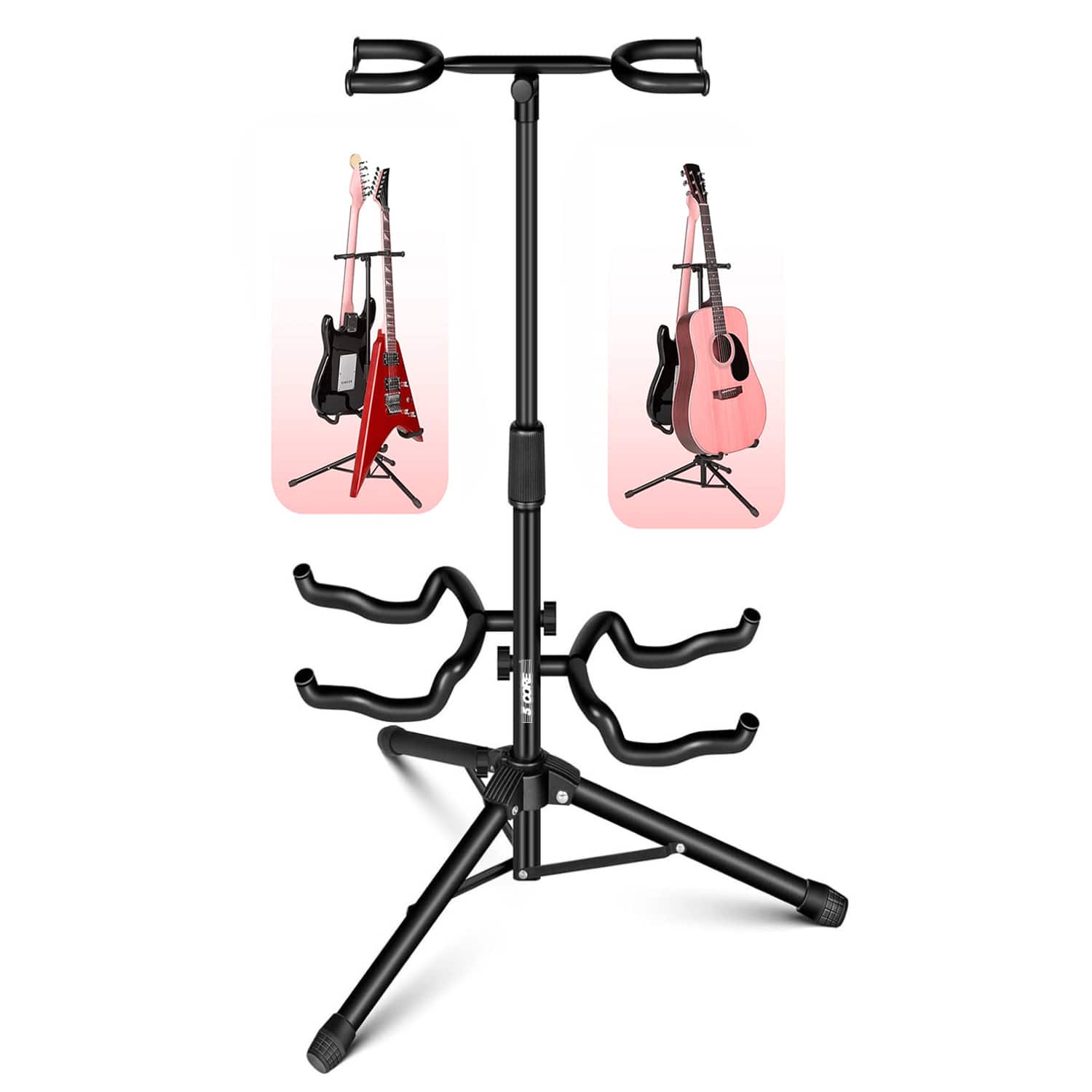 Front. 5 CORE - Guitar Stand Adjustable Double Guitars Stands Floor w Neck Holder for Acoustic Electric Bass - Black.