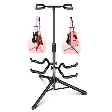 Front. 5 CORE - Guitar Stand Adjustable Double Guitars Stands Floor w Neck Holder for Acoustic Electric Bass - Black.