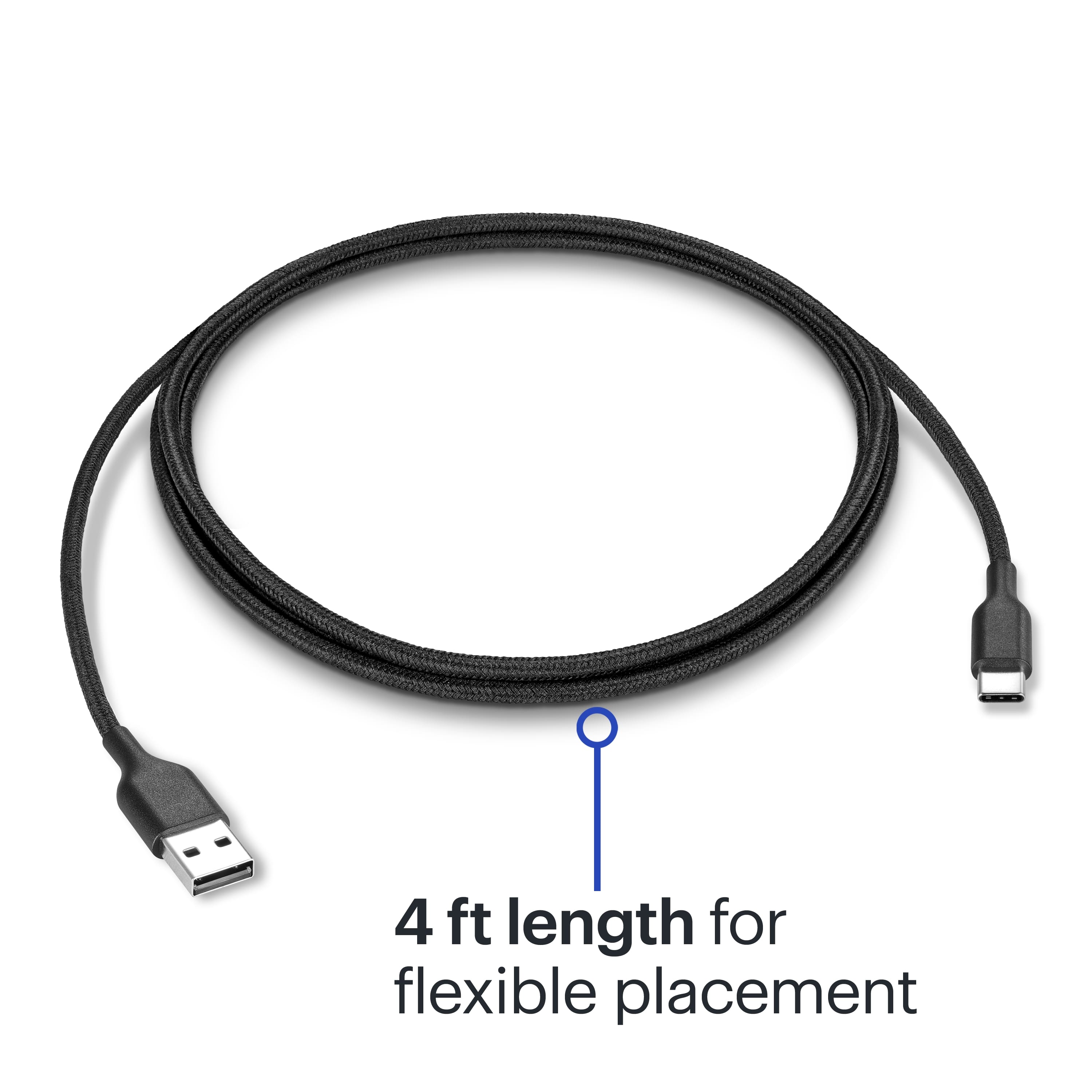 The text on the image reads "4 ft length for flexible placement."