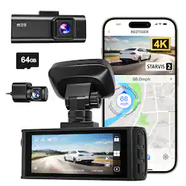REDTIGER - 4K Dual Dash Cam, STARVIS 2, 4K/2.5K+1080P, 5.8Hz WiFi 6, &64G Card, GPS, 3.18'' Screen, Parking Monitor - Black