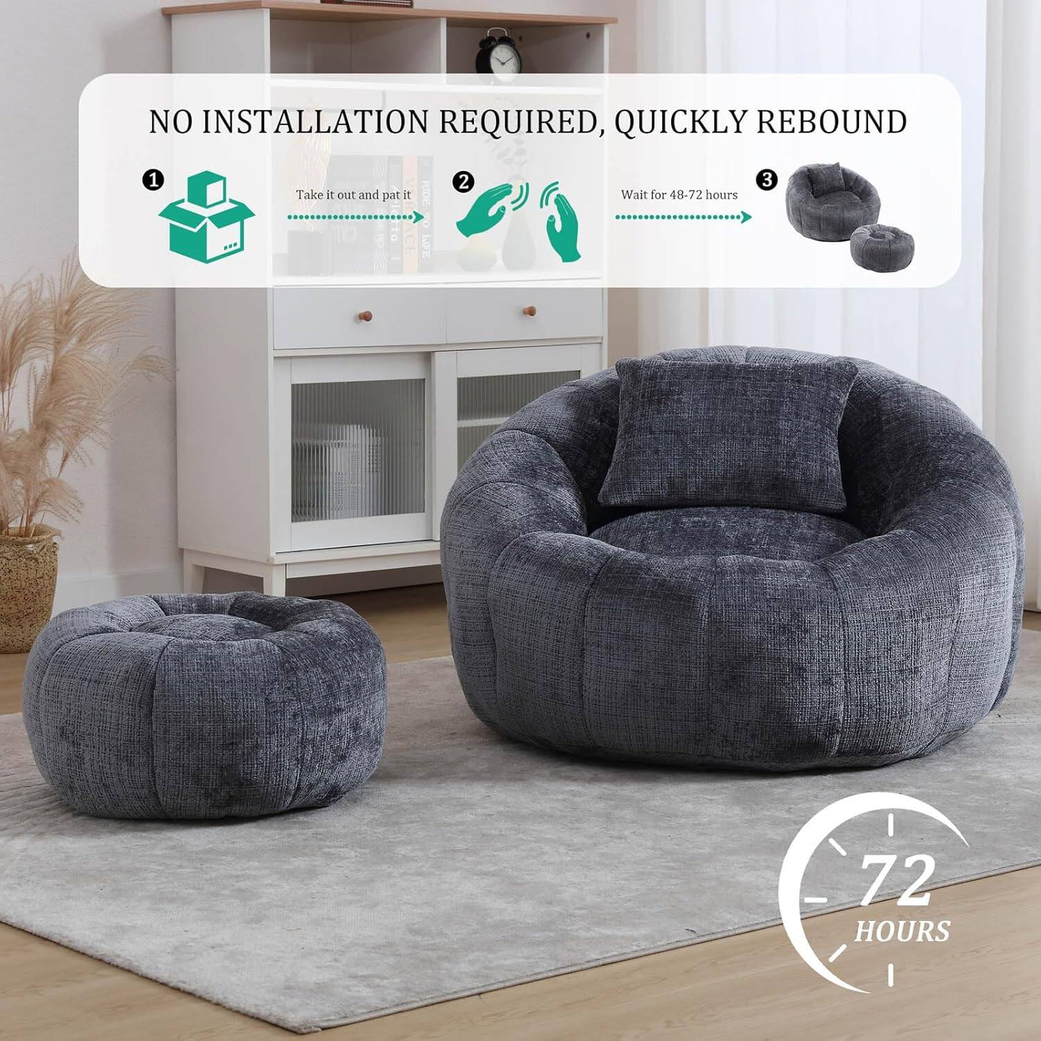 NO INSTALLATION REQUIRED, QUICKLY REBOUND

1. Take it out and pat it
2. Wait for 48-72 hours
3. 72 HOURS