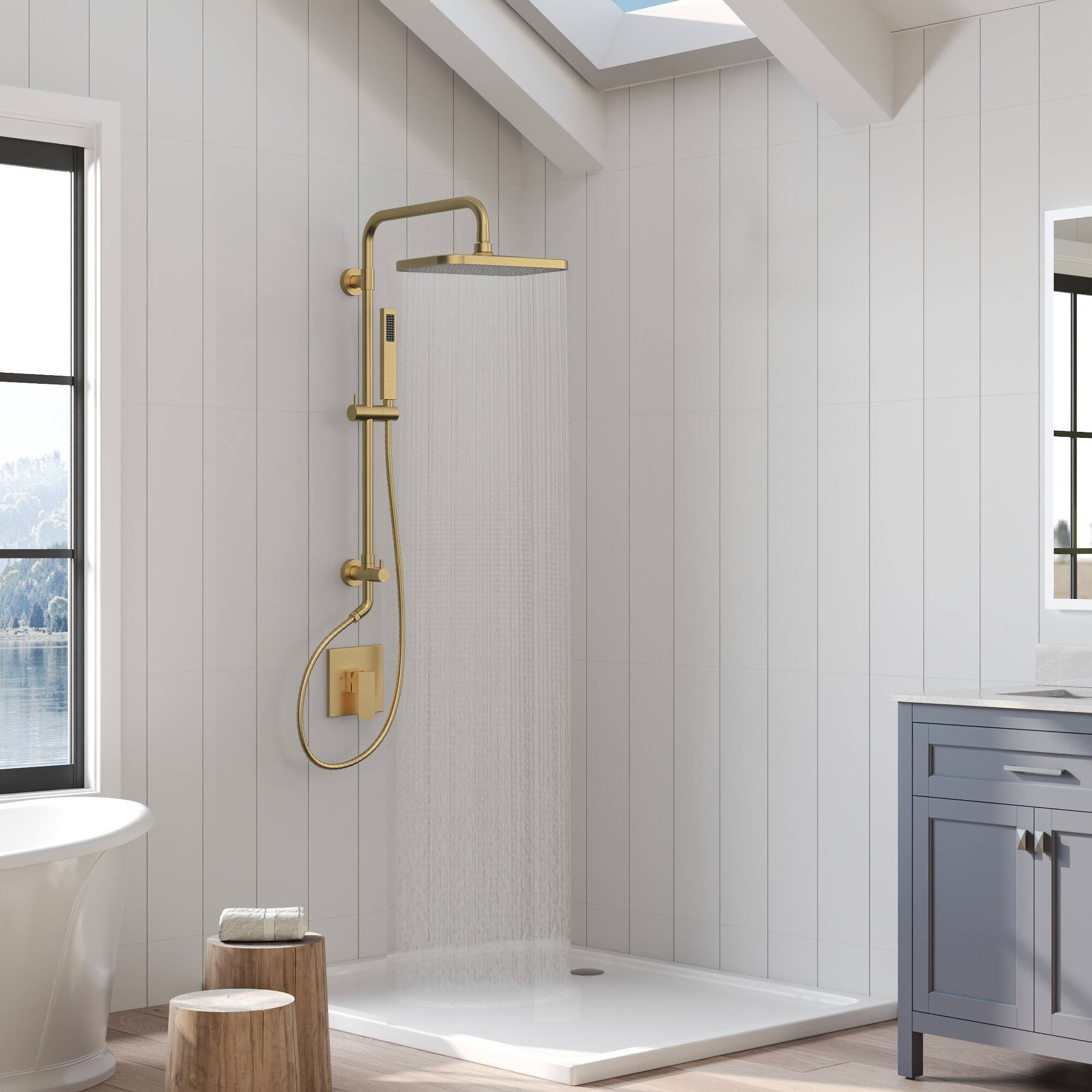 Alt View 10. GRANDJOY - Exposed Shower System with 12-Inch Rectangular Head & 3-Function Diverter - Brushed Gold.