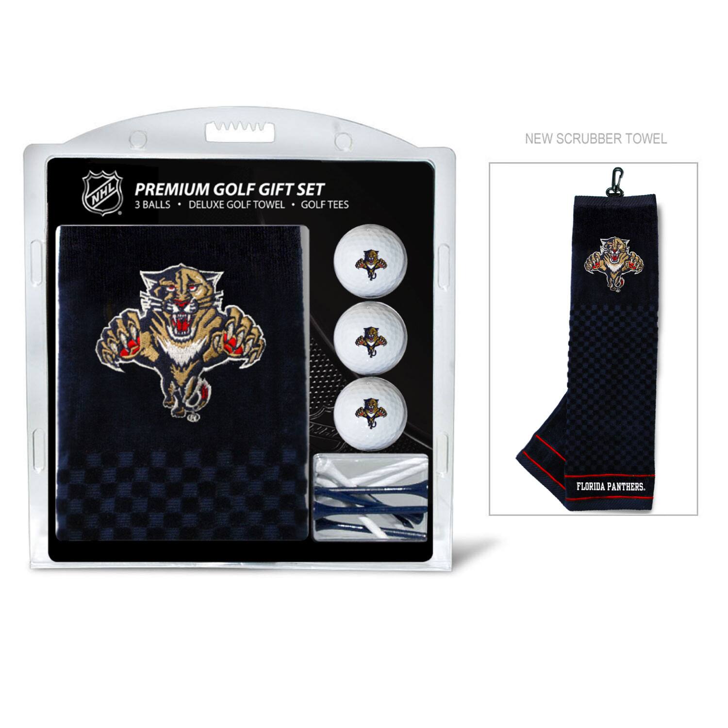 NEW SCRUBBER TOWEL  
NHL PREMIUM GOLF GIFT SET  
3 BALLS • DELUXE GOLF TOWEL • GOLF TEES  
FLORIDA PANTHERS