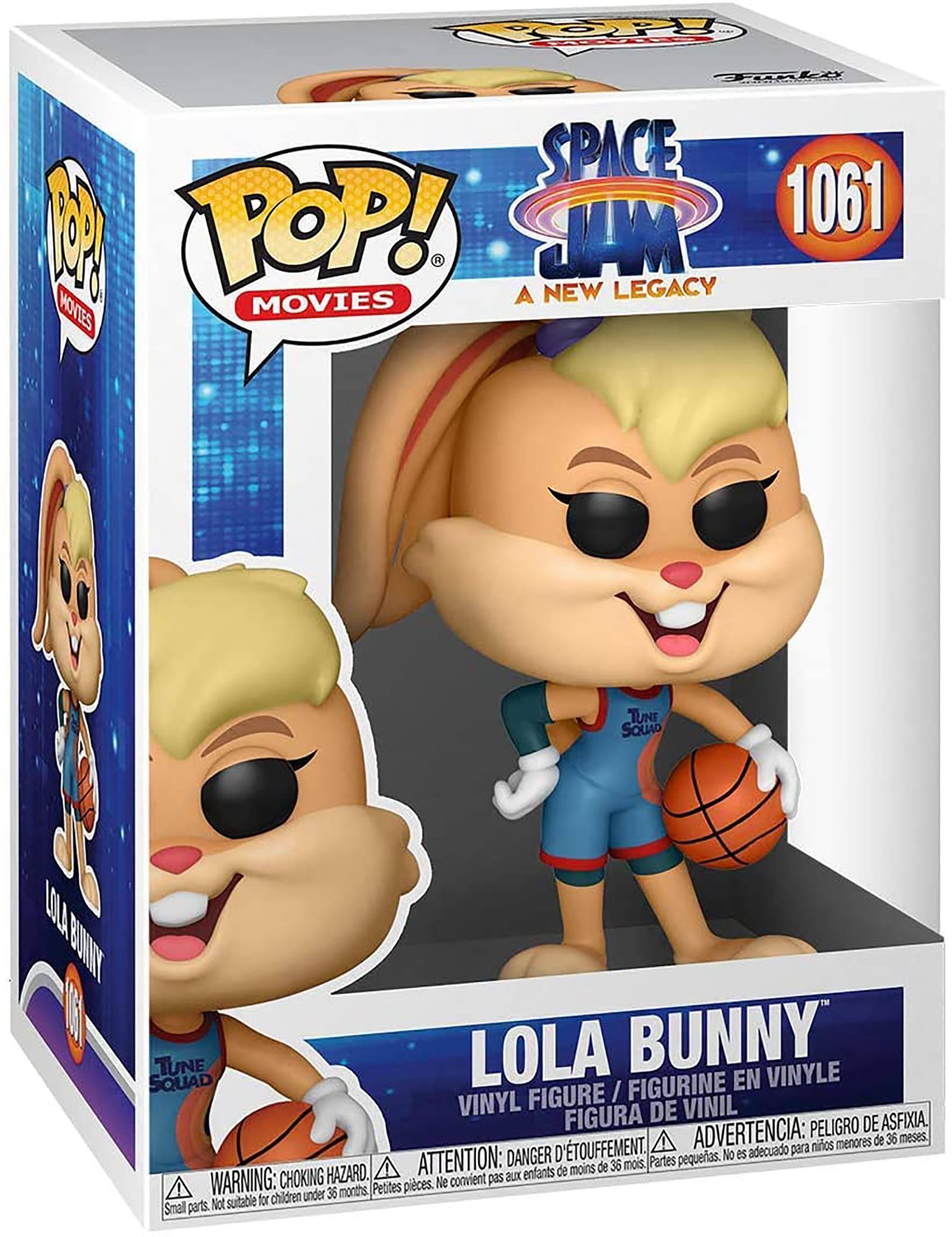 **Front:**
- POP! MOVIES
- SPACE JAM A NEW LEGACY
- 1061
- LOLA BUNNY
- VINYL FIGURE / FIGURINE EN VINYLE / FIGURA DE VINIL

**Side:**
- POP! MOVIES
- LOLA BUNNY

**Bottom:**
- WARNING: CHOKING HAZARD. Small parts. Not suitable for children under 36 months.
- ATTENTION: DANGER D'ÉTOUFFEMENT. Petites pièces. Ne convient pas aux enfants de moins de 36 mois.
- ADVERTENCIA: PEOR DE ASFIXIA. Peligro de asfixia. No es adecuado para niños menores de 36 meses.