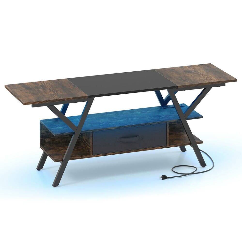 Left. Kadyn - 65-Inch TV Stand with Built-In Power Outlets and LED Lighting, Rustic Brown - Brown.