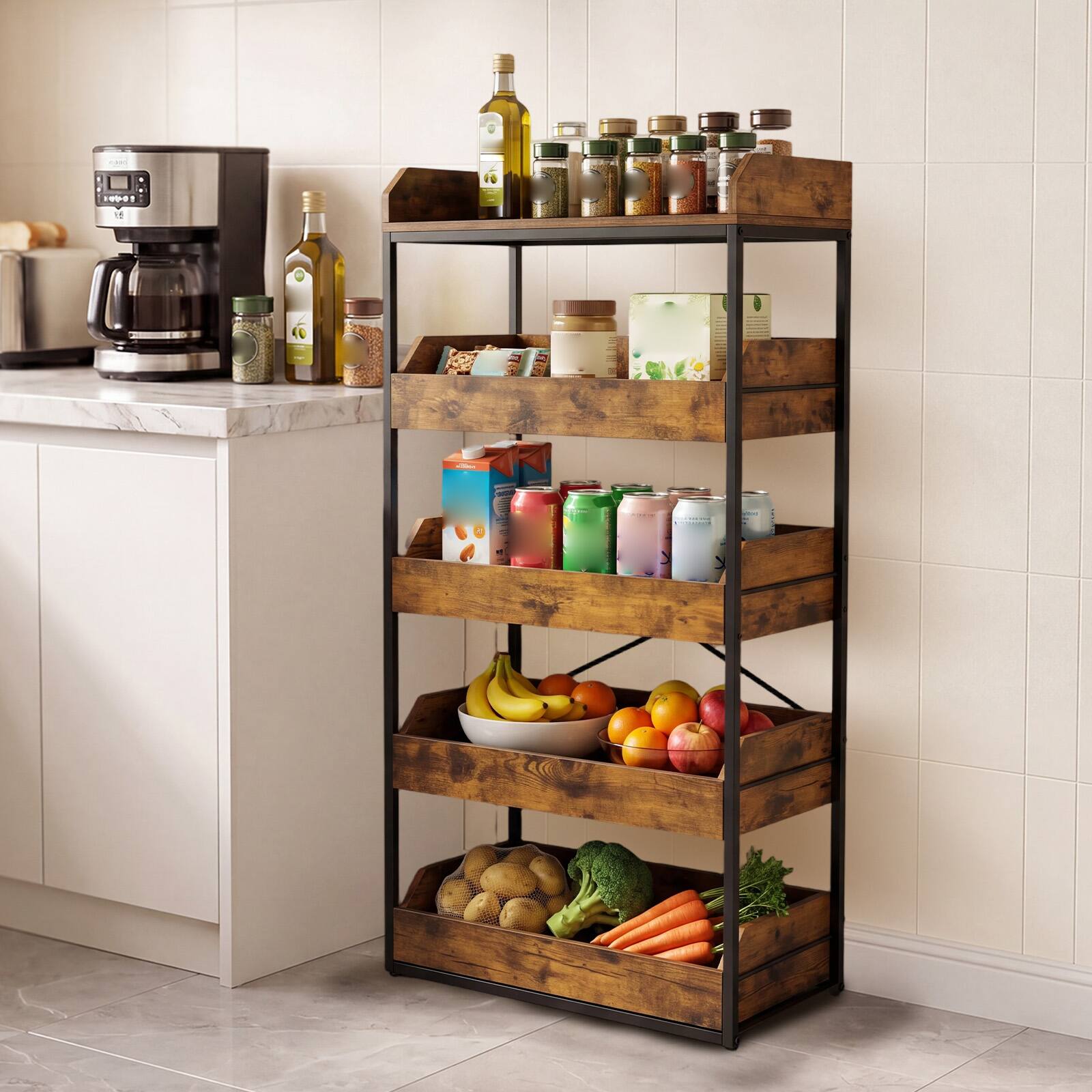 Alt View 3. Costway - Costway 5-Tier Food Storage Rack, Retail Snack Display Shelf with 4 Pull-out Drawers - Rustic Brown.
