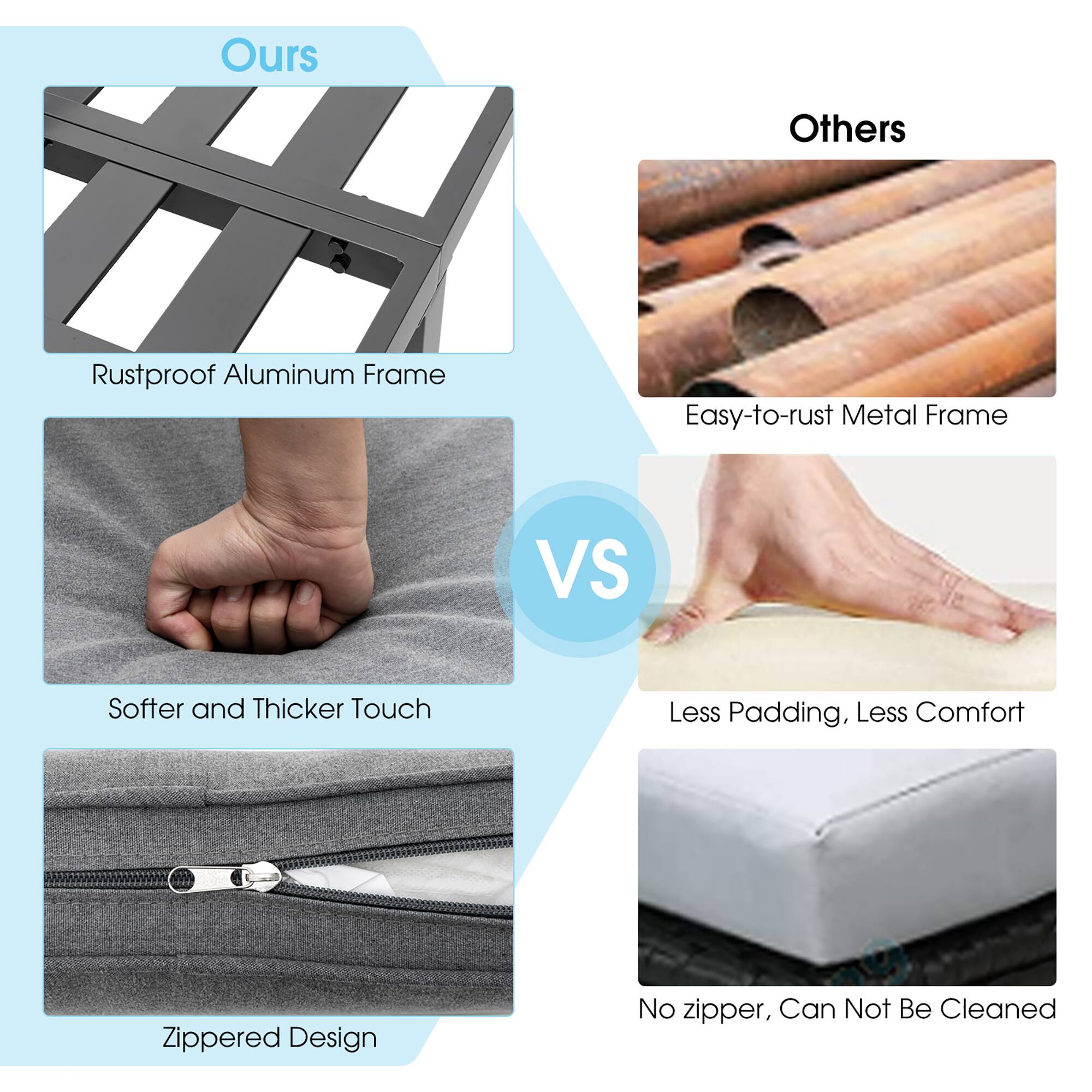 Ours: Rustproof Aluminum Frame, Softer and Thicker Touch, Zippered Design

Others: Easy-to-rust Metal Frame, Less Padding, Less Comfort, No zipper, Can Not Be Cleaned