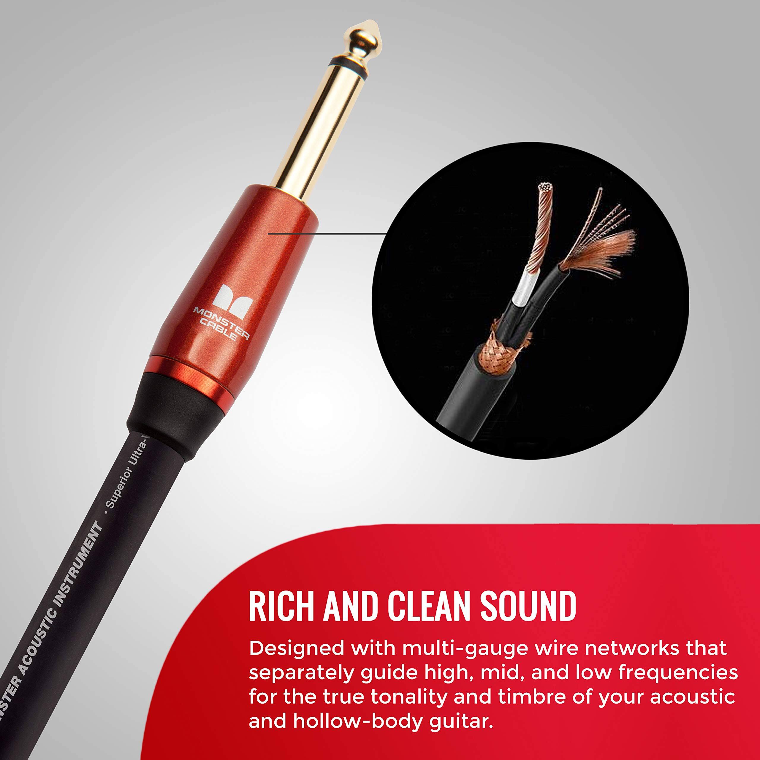 MONSTER CABLE TEA Ultra- Superior INSTRUMENT ACOUSTIC  
RICH AND CLEAN SOUND  
Designed with multi-gauge wire networks that separately guide high, mid, and low frequencies for the true tonality and timbre of your acoustic and hollow-body guitar.