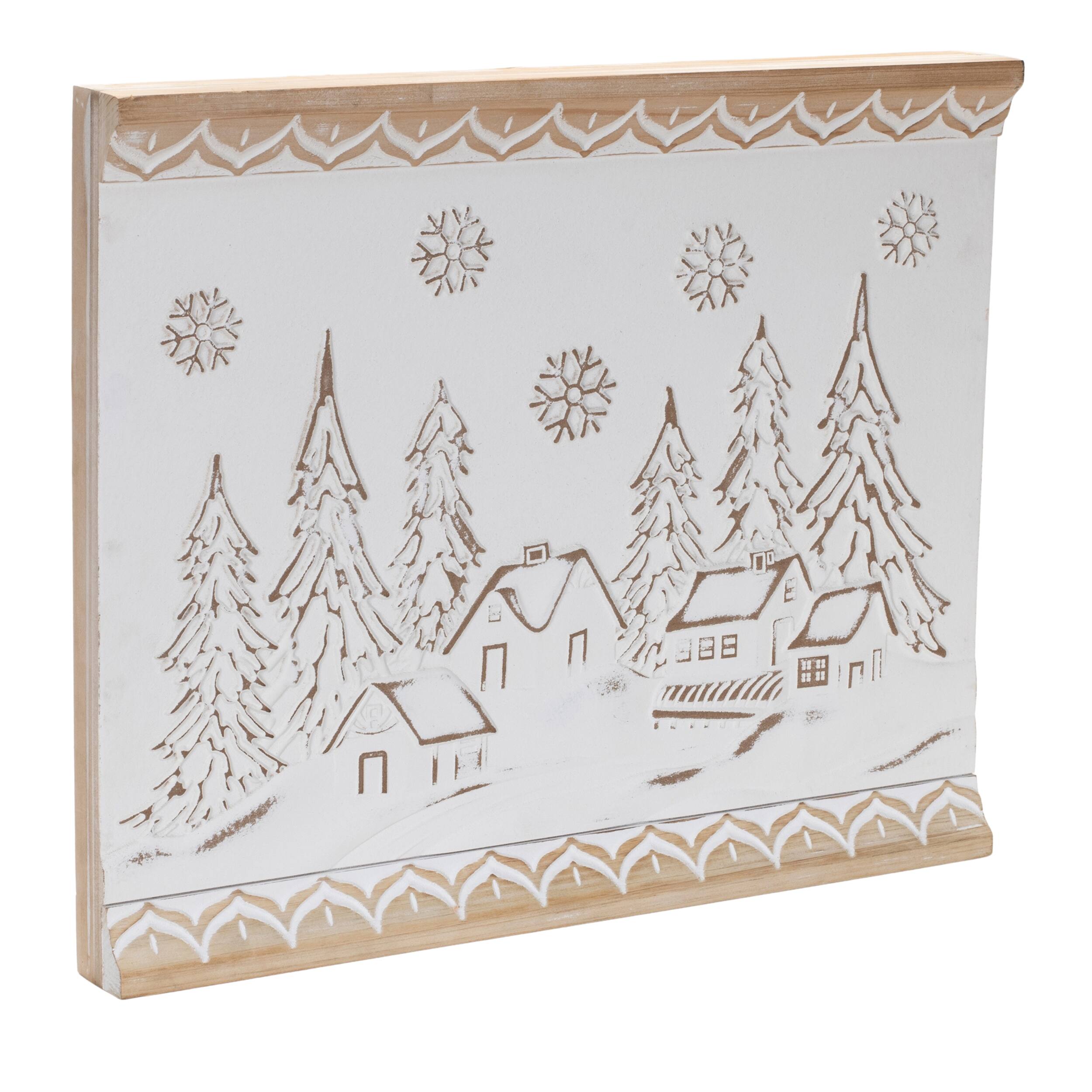 Angle. BreeBe - Carved Wood Winter Village Wall Art 19"L - White, Beige.