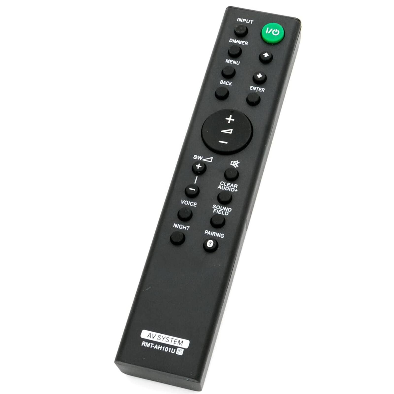 INPUT DIMMER MENU 1/O + BACK ENTER + A - SW. + I AUDIO+ CLEAR - VOICE SOUND FIELD NIGHT PAIRING AV SYSTEM RMT-AH101U