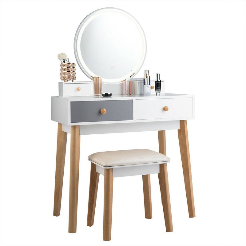 Front. WELLFOR - Makeup Vanity Table with Round 3 Color Lighted Mirror & 4 Storage Drawers, Makeup Dressing Table Set with Padded Stool - White.