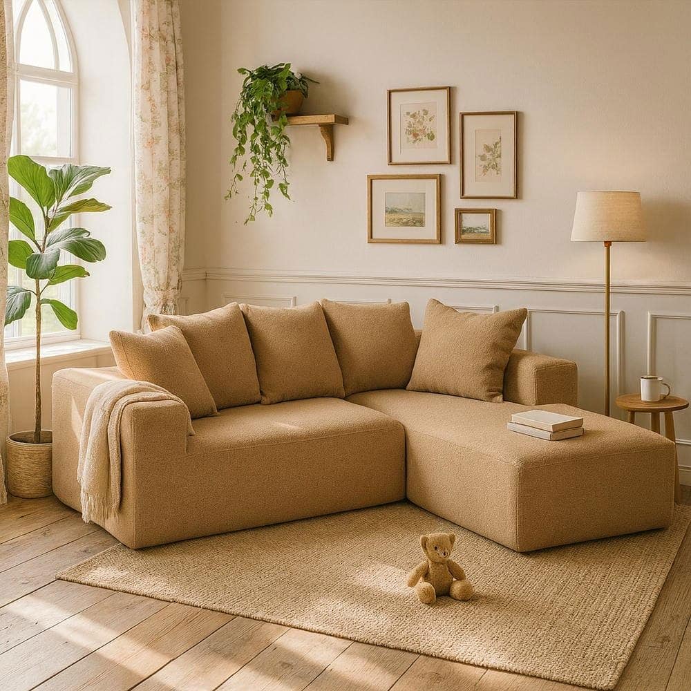 Kadyn - L-Shaped Full Foam Sectional Sofa, 5 Pillows, Compressed Shipping, Flannelette, Space Saving Design, Brown - Brown