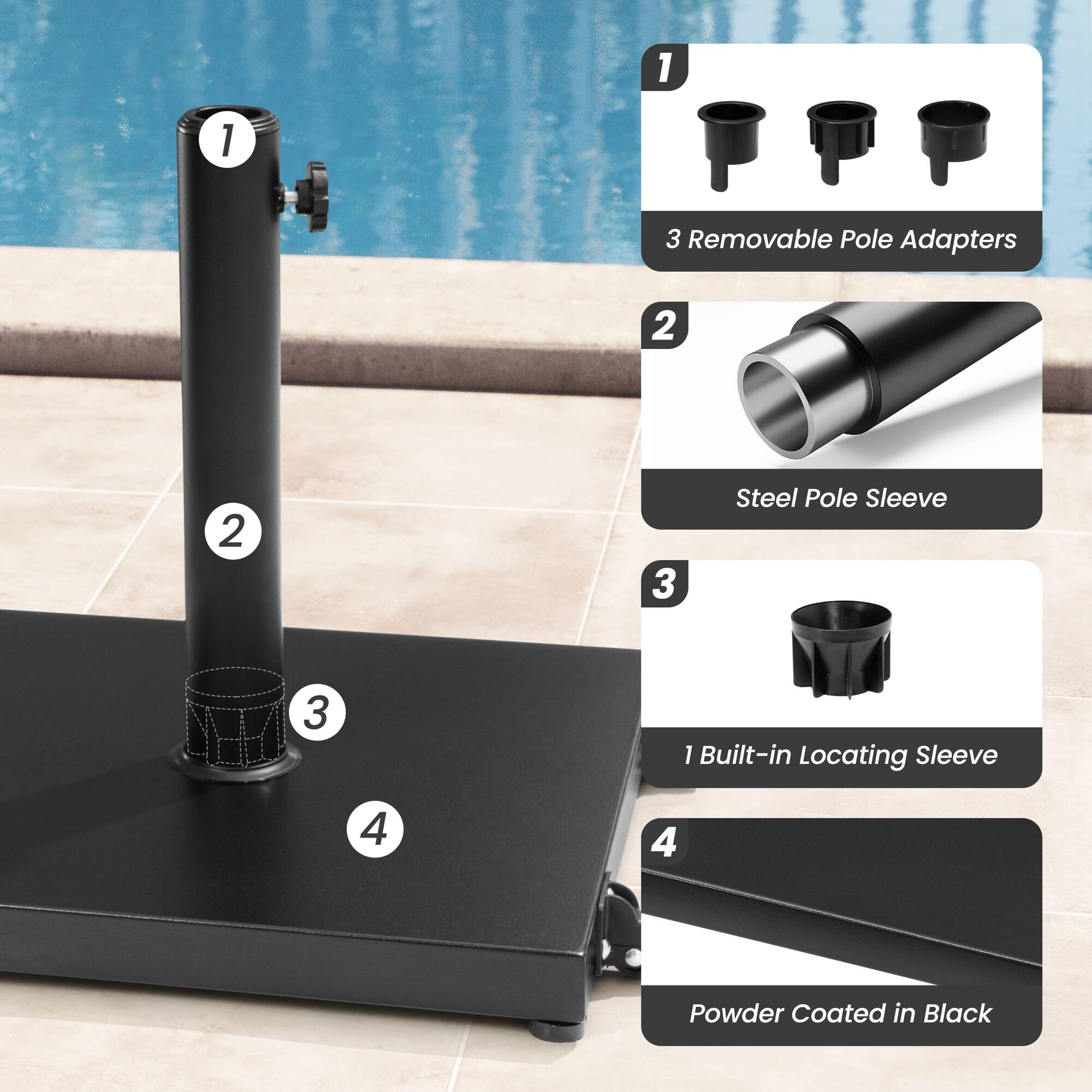 1. 3 Removable Pole Adapters  
2. Steel Pole Sleeve  
3. 1 Built-in Locating Sleeve  
4. Powder Coated in Black