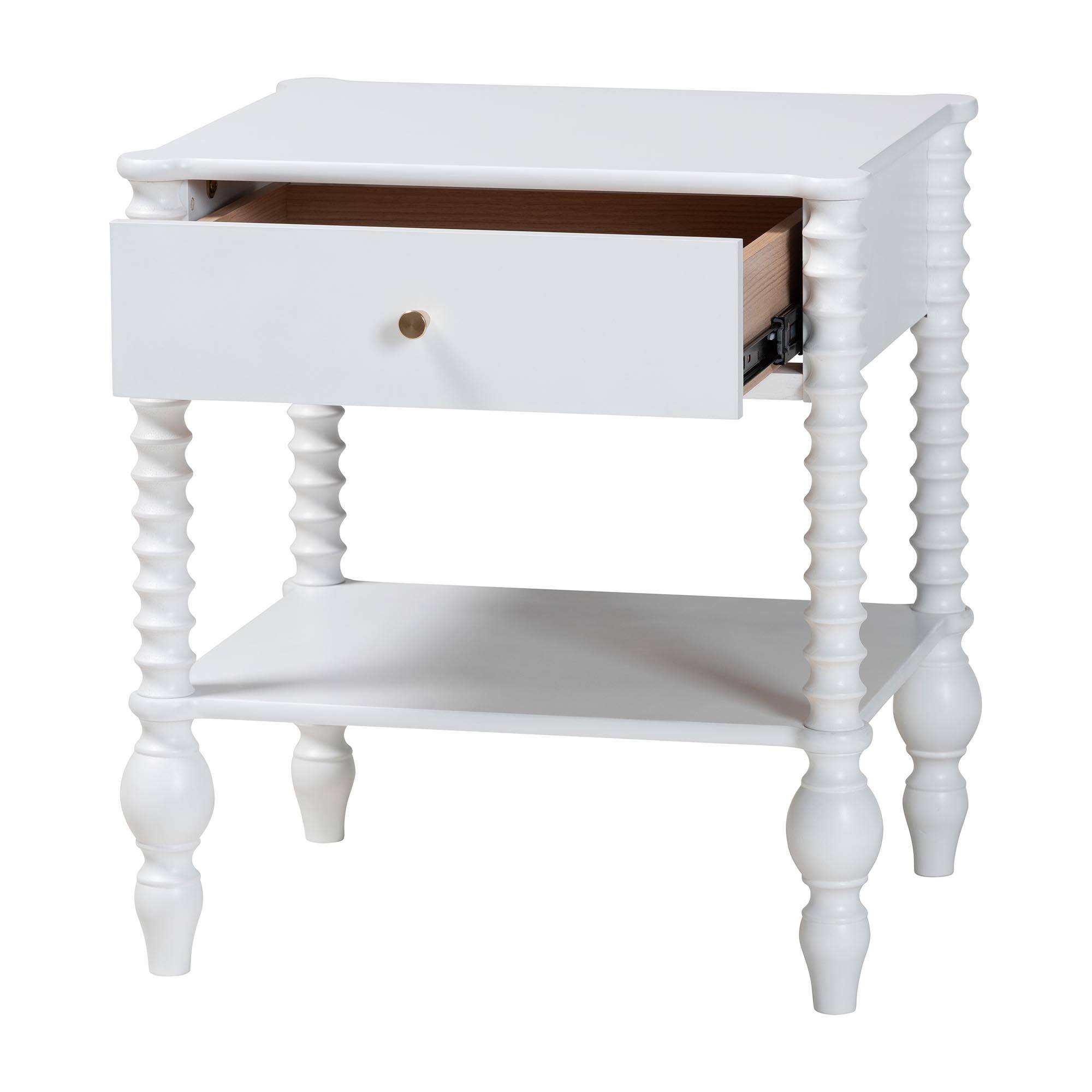 Angle. Baxton Studio - Callison Spindle Nightstand - 1-Drawer Farmhouse Bedside Table with Open Shelf Storage and Turned Accents for Bedroom, - White.