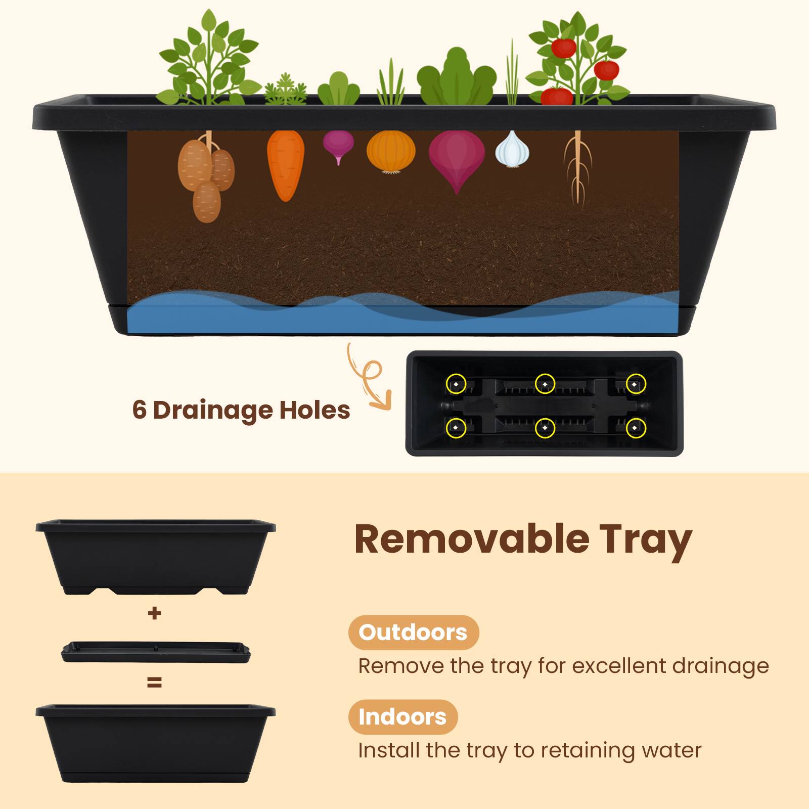 6 Drainage Holes

Removable Tray

Outdoors
Remove the tray for excellent drainage

Indoors
Install the tray to retain water