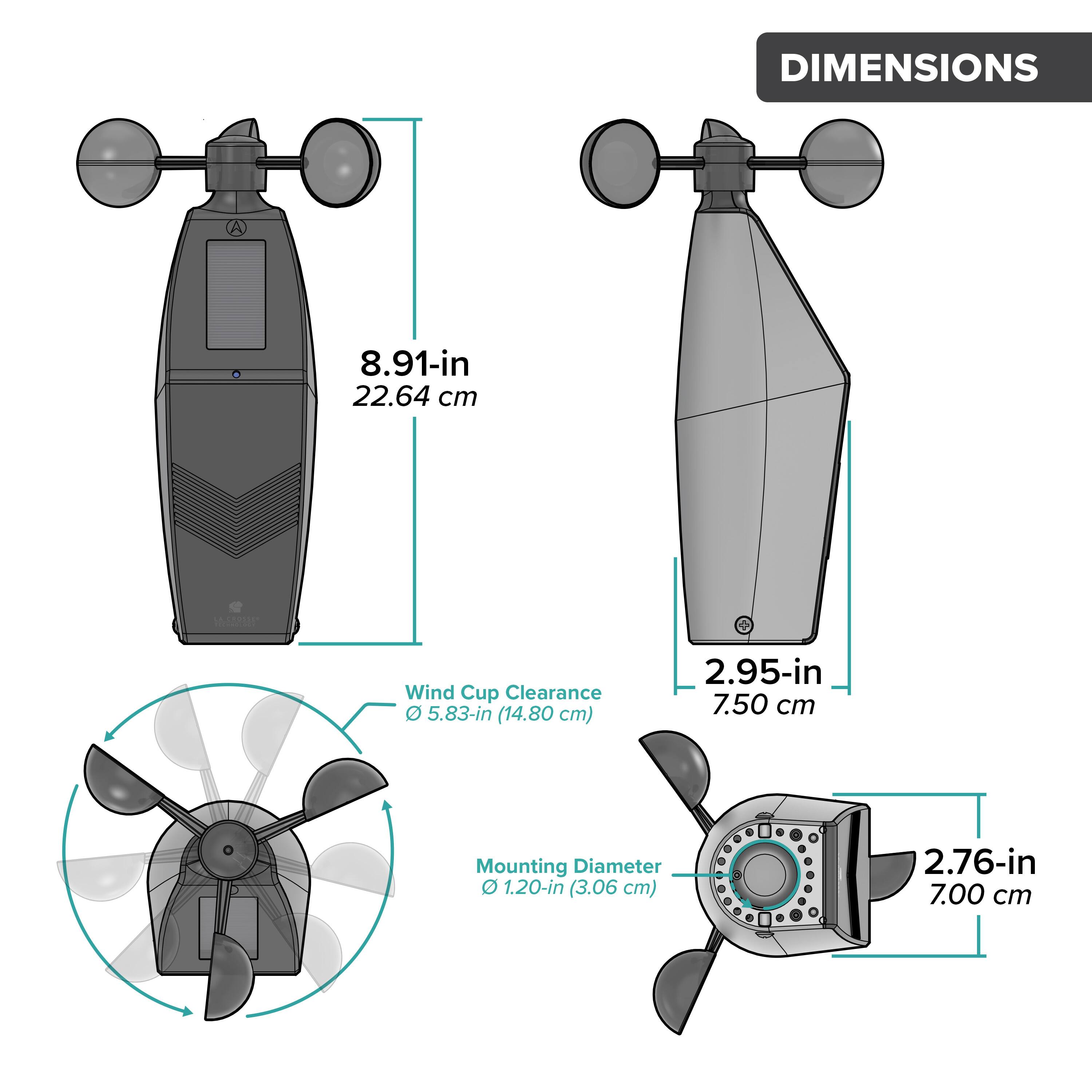 DIMENSIONS  
- A: 8.91-in (22.64 cm)  
- Wind Cup Clearance: 5.83-in (14.80 cm)  
- Mounting Diameter: 1.20-in (3.06 cm)  
- O: 2.95-in (7.50 cm)  
- 2.76-in (7.00 cm)