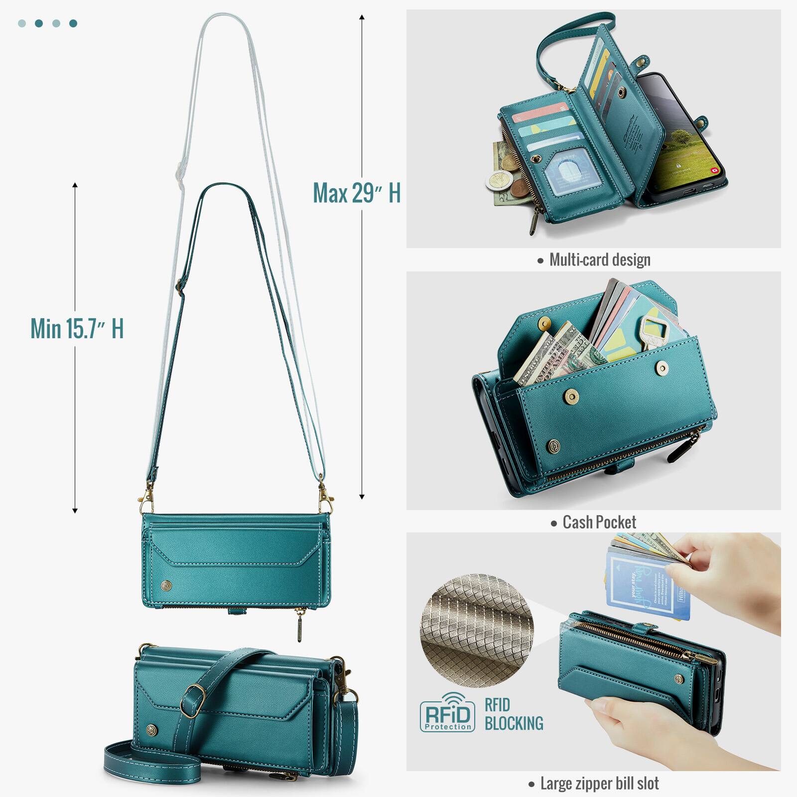 Max 29" H  
Min 15.7" H  
Multi-card design  
Cash Pocket  
RFID BLOCKING Protection  
Large zipper bill slot