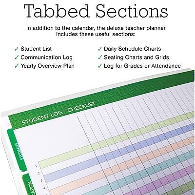 Tabbed Sections

In addition to the calendar, the deluxe teacher planner includes these useful sections:
- Student List
- Communication Log
- Yearly Overview Plan
- Daily Schedule Charts
- Seating Charts and Grids
- Log for Grades or Attendance

STUDENT LOG / CHECKLIST

STUDENTS
1 2 3 4
