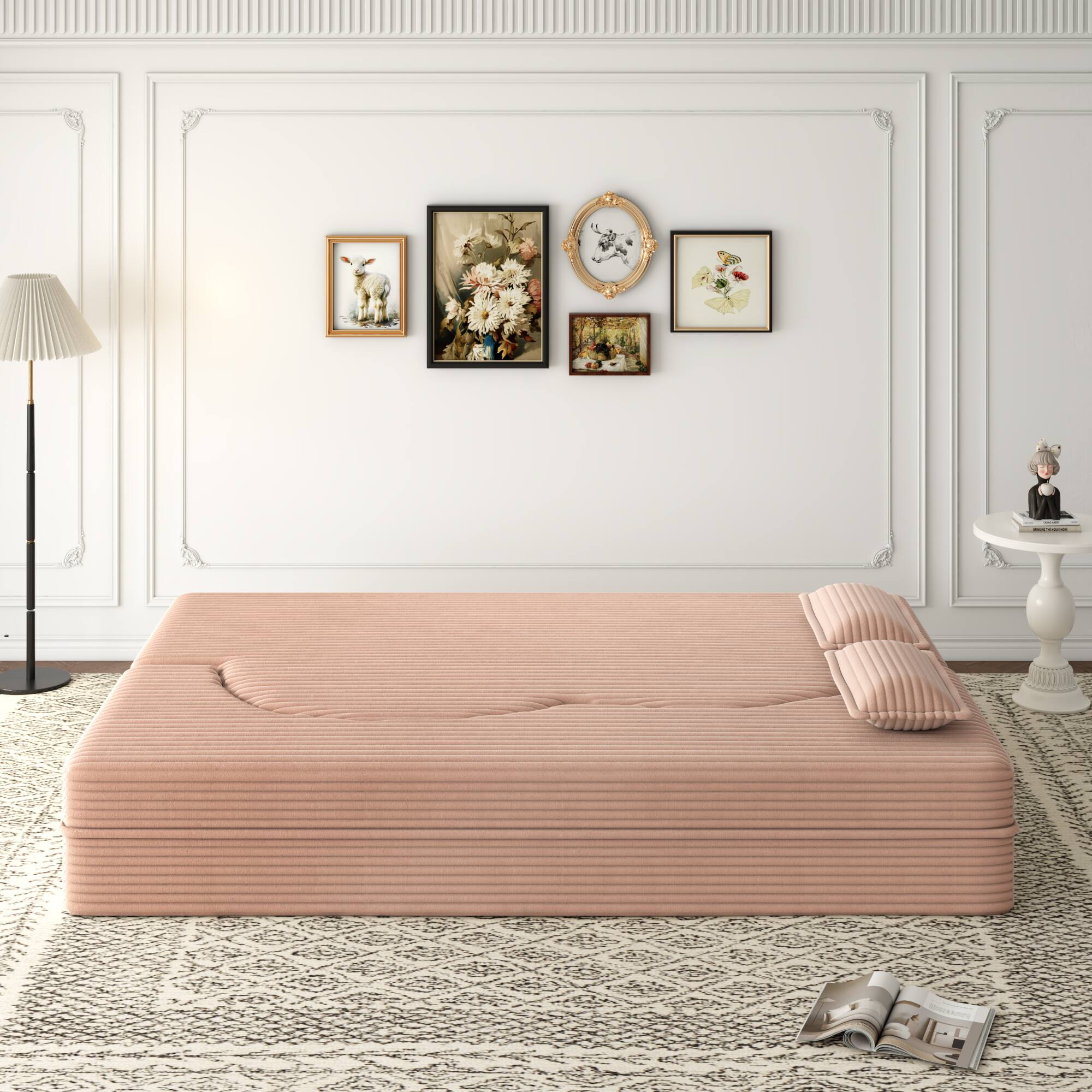 Left. GOODSILO - Convertible Plush Corduroy Floor Sleeper Sofa with Dual Pillows for Living Room and Guest Use - Pink.