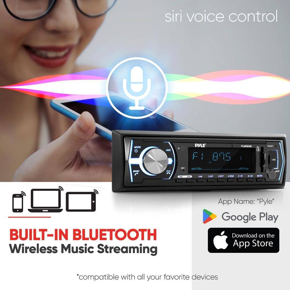 siri voice control  
MODE AME a PYLE F1 1 895 PLMEODO C RESET LB BAND CLK MNC .. .00 2INT APT 4ICM 2-  MUTE BUILT-IN BLUETOOTH Wireless Music Streaming  
App Name: "Pyle"  
Google Play  
Download on the App Store  
*compatible with all your favorite devices