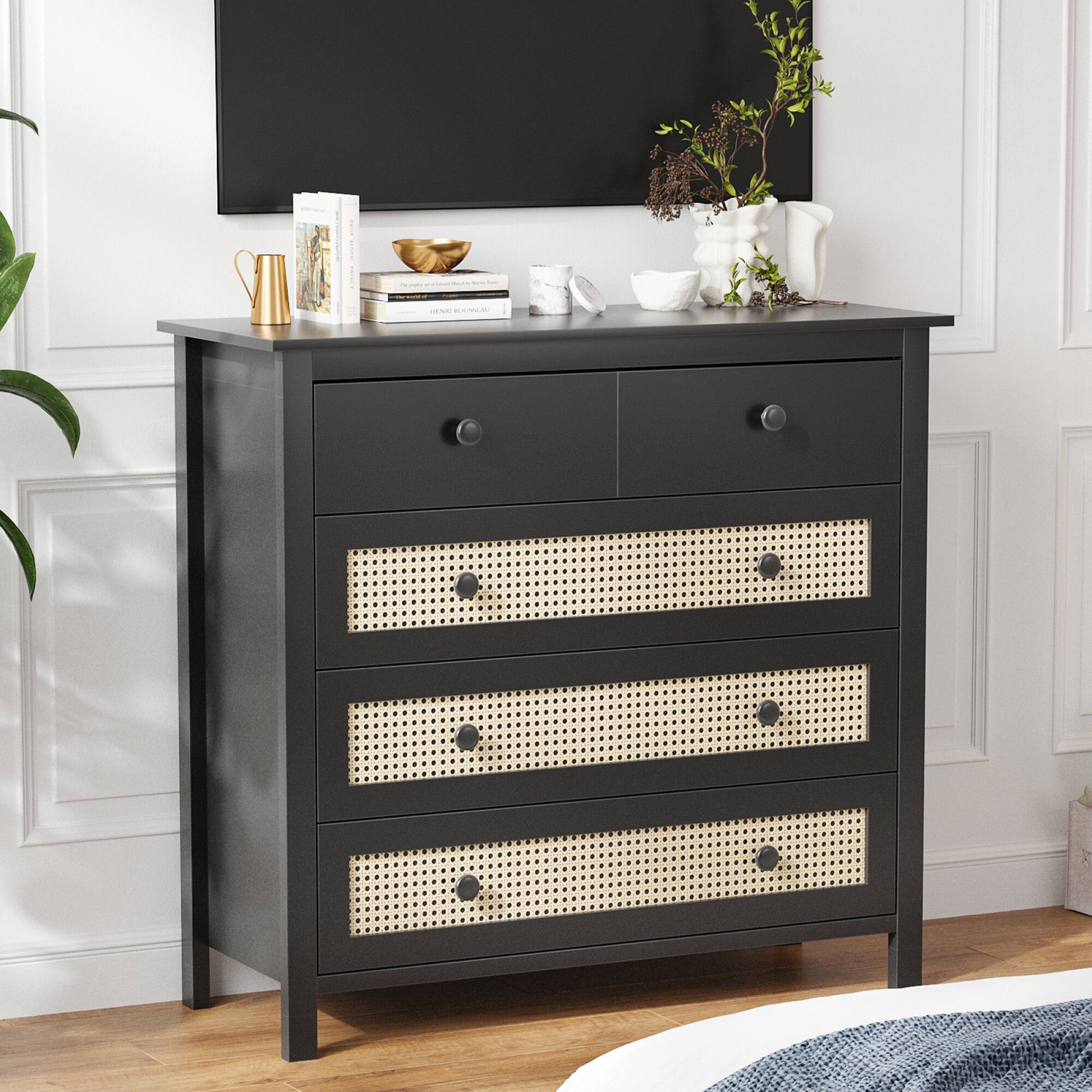 Alt View 4. GOODSILO - Modern Sideboard Buffet Cabinet with Drawers and Rattan Accents for Kitchen Living Room Dining Room Hallway - Black.