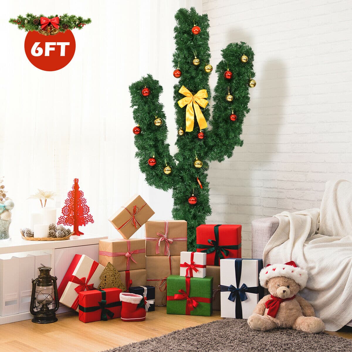 Gymax - 6Ft Cactus Artificial Christmas Tree Pre-Lit w/LED Lights and Ball Ornaments - Green