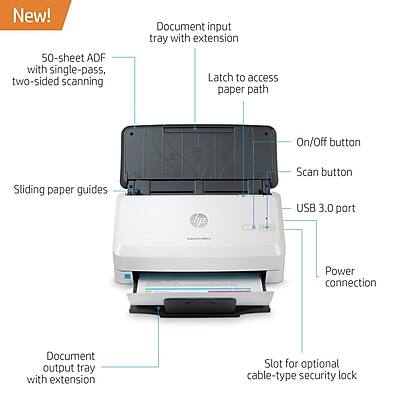 New!  
50-sheet ADF with single-pass, two-sided scanning  
Document input tray with extension  
Latch to access paper path  
On/Off button  
Scan button  
USB 3.0 port  
Power connection  
Document output tray with extension  
Slot for optional cable-type security lock