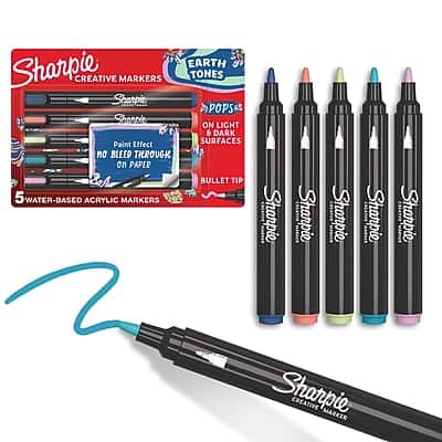 Sharpie Creative Markers  
Earth Tones  
Sharpie Pops  
Paint Effect on Light & Dark Surfaces  
No Bleed Through on Paper  
Bullet Tip  
5 Water-Based Acrylic Markers