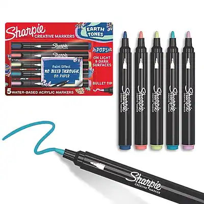 Sharpie Creative Markers
Earth Tones
Sharpie Pops
Paint Effect on Light & Dark Surfaces
No Bleed Through on Paper
Bullet Tip
5 Water-Based Acrylic Markers