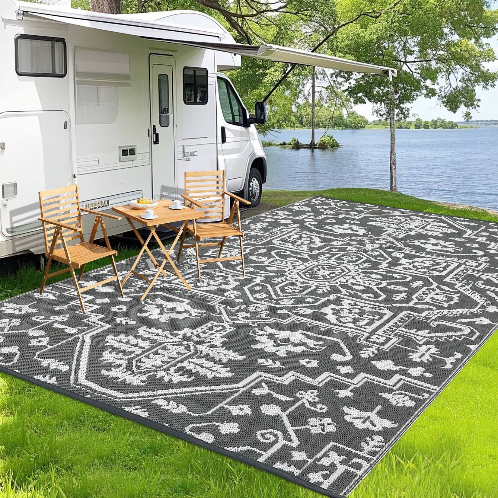 Front. Homhougo - Large 9'x18' Waterproof Outdoor Rug, Reversible Patio Carpet, UV-Resistant, Gray - Gray.